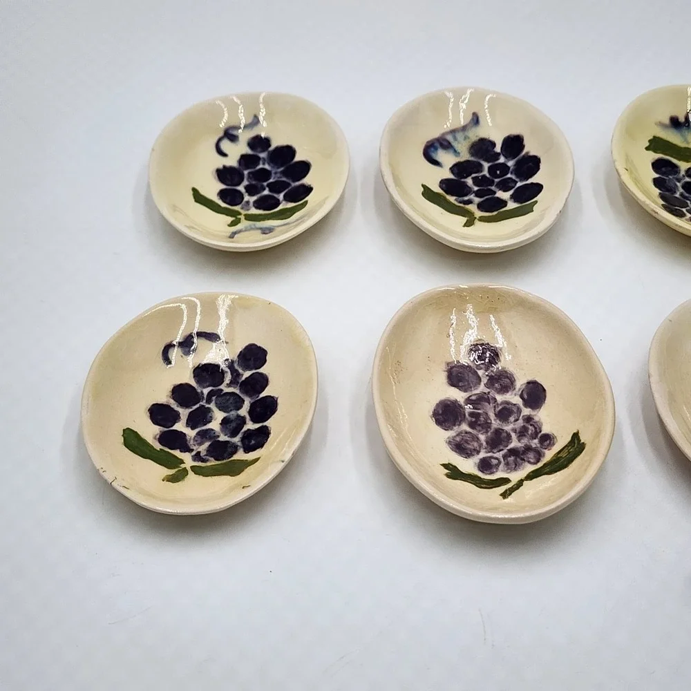 Vintage Hand Painted Ceramic Salt Cellars Purple Grapes Trinket Dishes Lot of 8